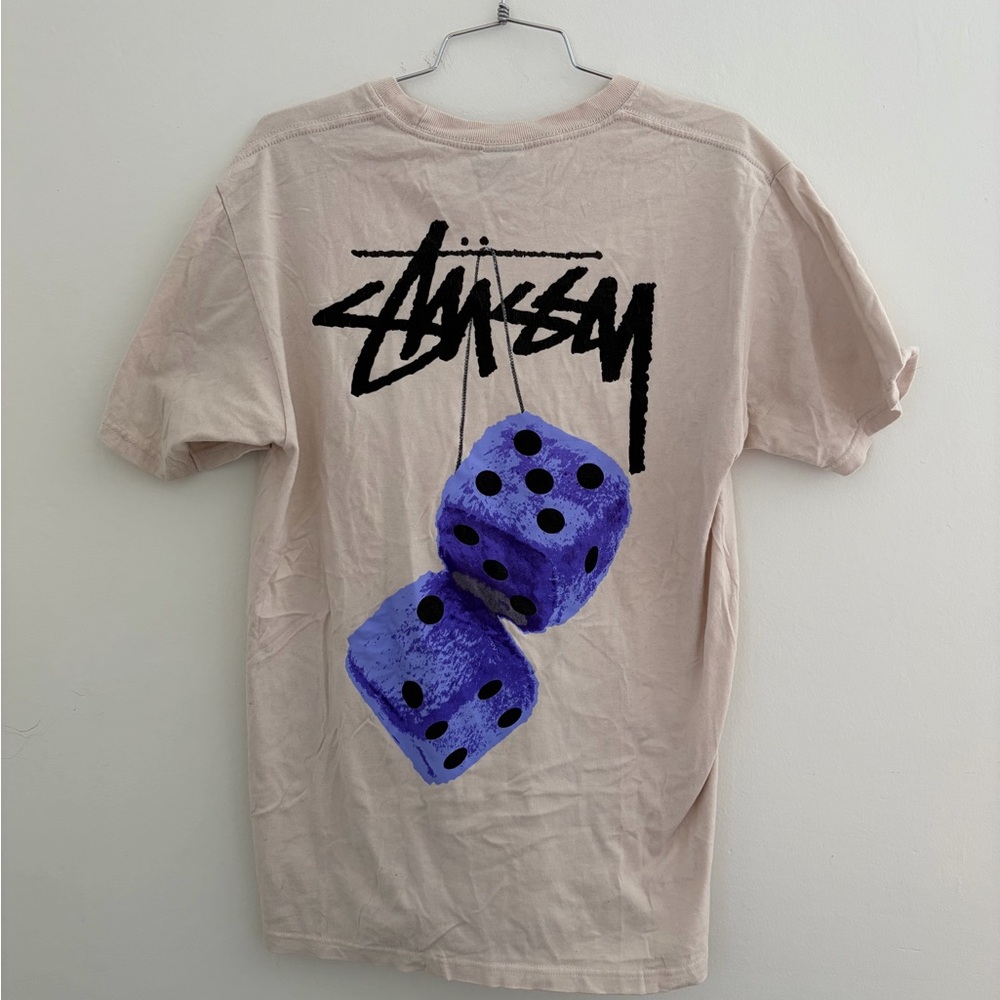 Stussy Beige T-Shirt with Purple Dice Graphic